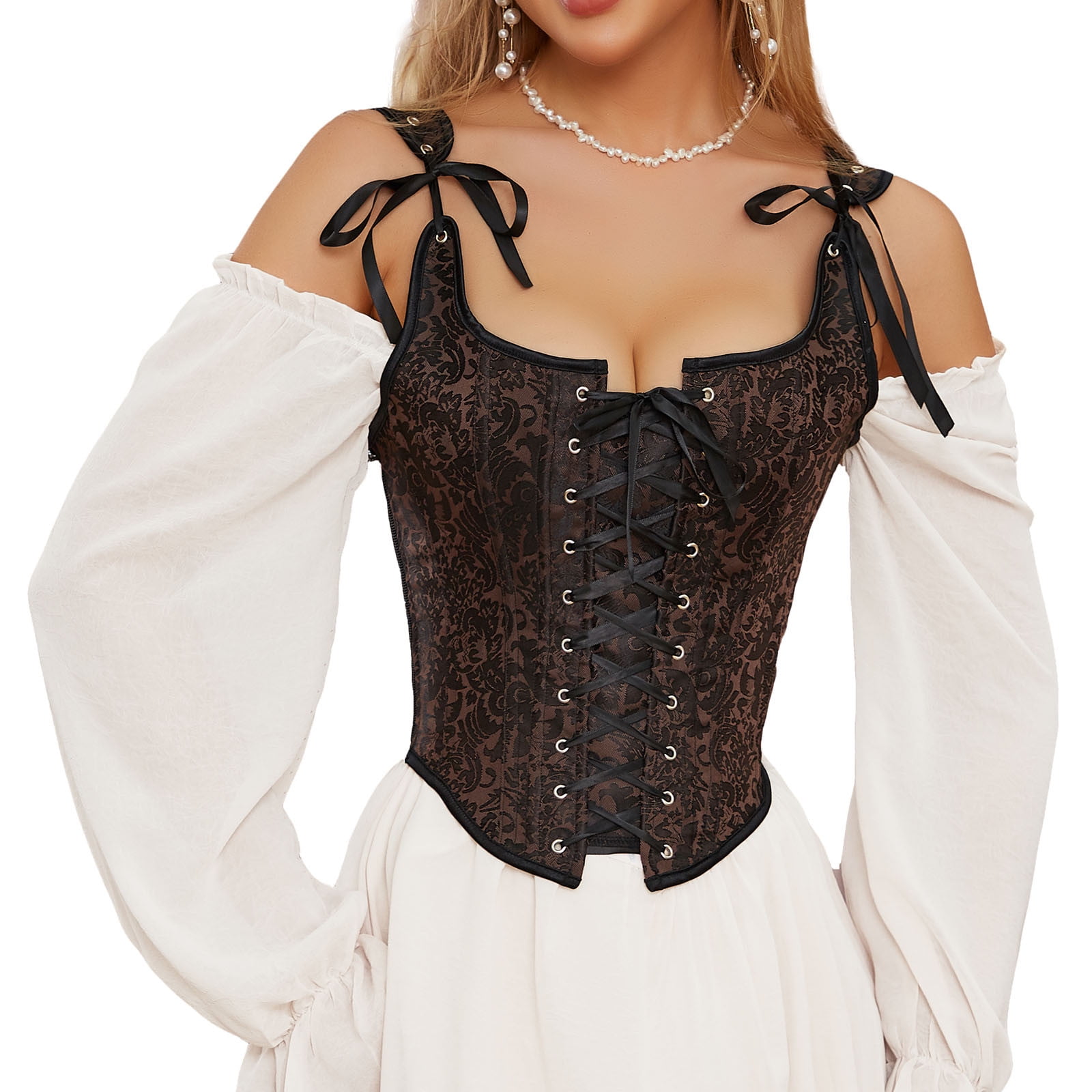 Odeerbi Renaissance Medieval Corset Tops for Women 2024 Vintage Corset Sexy  Prints Retro Style Strappy Backless Bra Tight Waist Shapewear Brown 