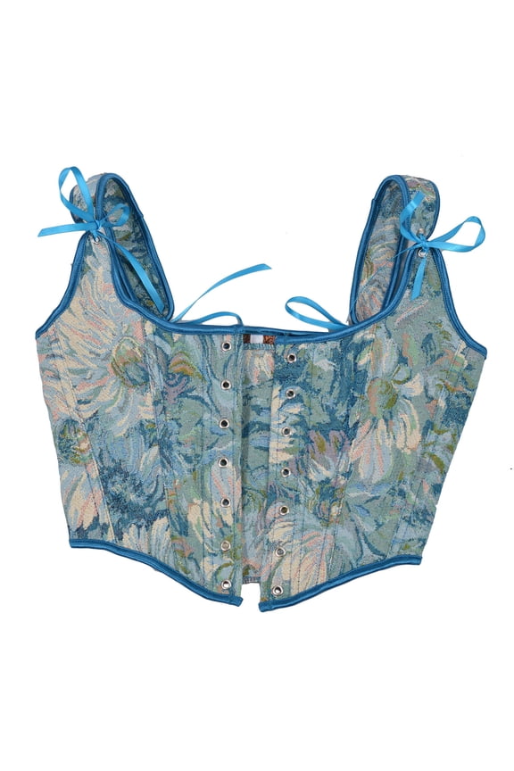 Renaissance Medieval Corset for Women Vintage Floral Boned Corset Top 2025 Casual Sexy Eyelet Lace-up Fishbone Court Corset Straps Tank Top Shapewear Blue