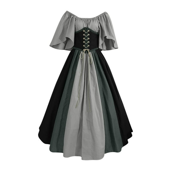 Odeerbi Renaissance Medieval Court Dress for Women Halloween Vintage Elegant Maxi Dress 2025 Fashion Color Matching Short Sleeve Off Shoulder Dress Dark Gray