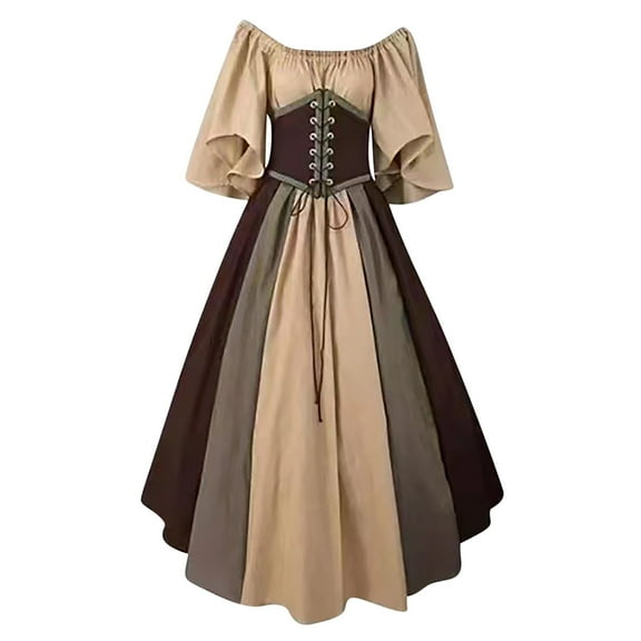 Odeerbi Renaissance Medieval Court Dress for Women Halloween Vintage Elegant Maxi Dress 2025 Fashion Color Matching Short Sleeve Off Shoulder Dress Khaki