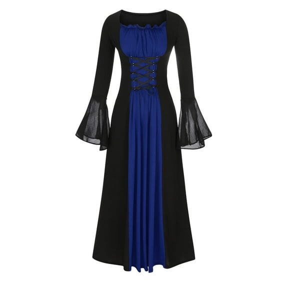 Odeerbi Retro Dress Short Sleeve Round Neck Dress Women Mesh Bell Sleeve Dress For Women 2025 Casual Dresses For Women Gothic Retro Dark Long Dress Blue