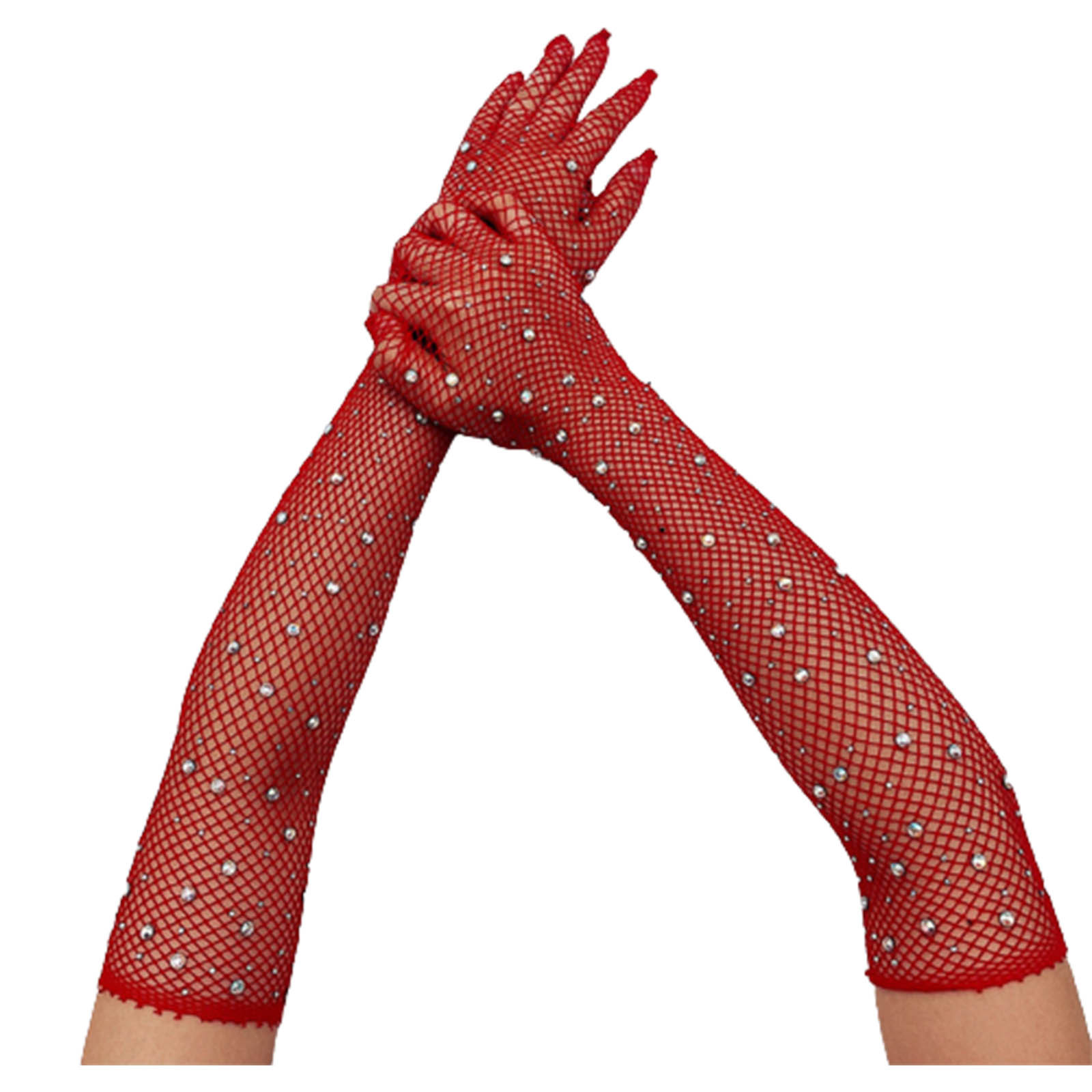Odeerbi Rhinestone Long Gloves for Women Sexy Hollow Out Mesh