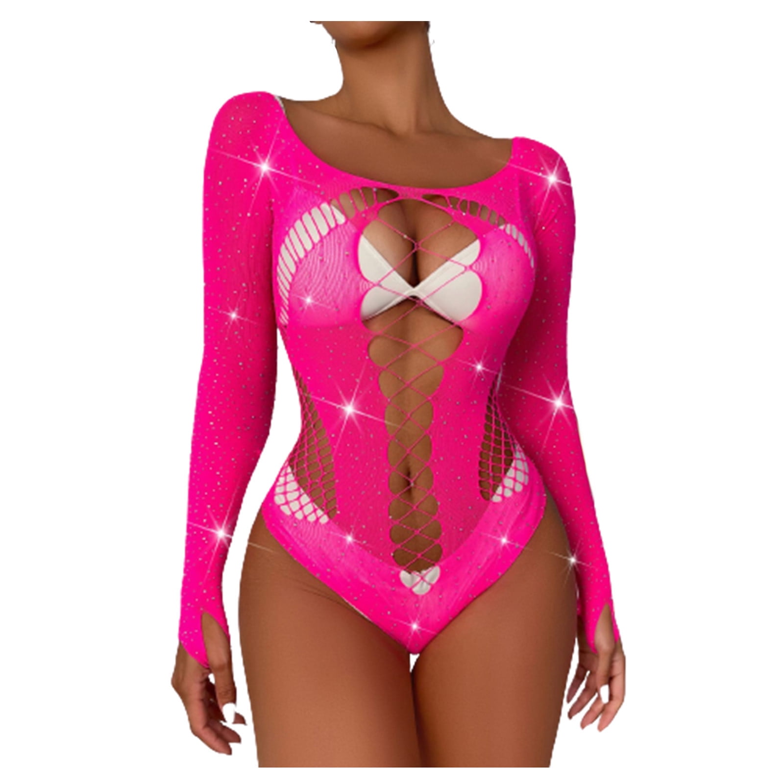 Odeerbi Rhinestone Mesh Lingerie Bodysuit for Women 2024 Sexy