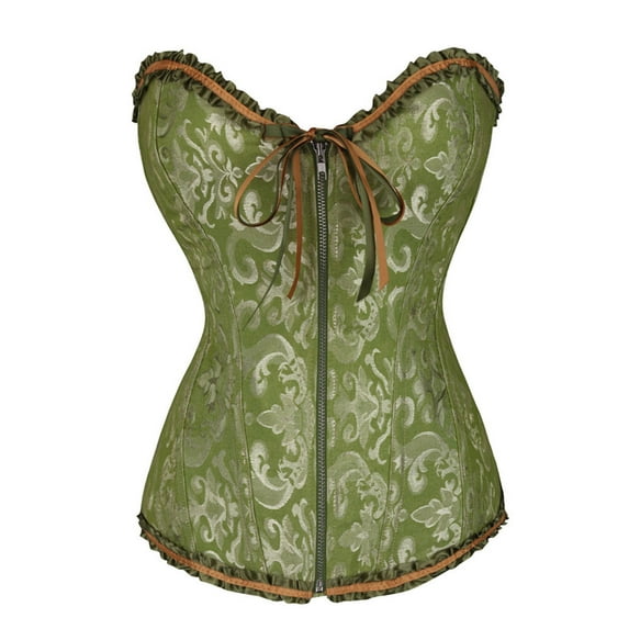 Odeerbi Rollback Corset Top for Women Shapewear Bodyshaper Tummy Control Waist Trainer Casual Erogenous Eyelet Lace-up Floral Print Fishbone Court Vintage Straps Green
