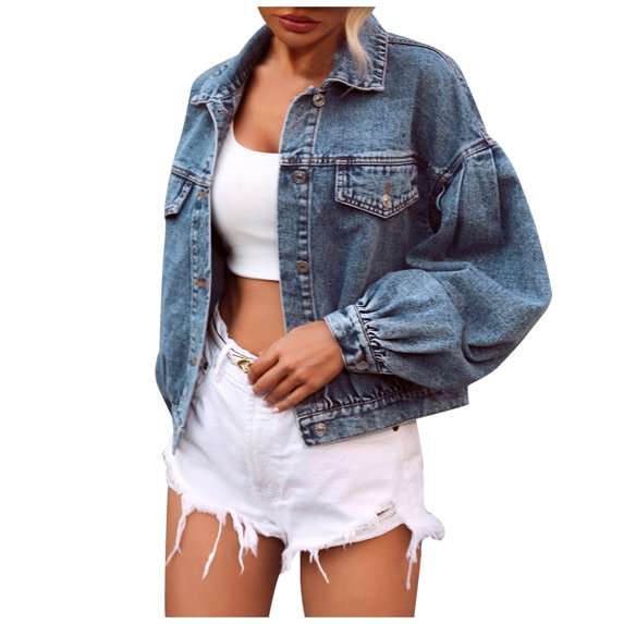 Odeerbi Rollback Jean Jacket Women Jackets Outerwear Spring And Autumn Coats Warm Solid Long Sleeve Outerwear Blue