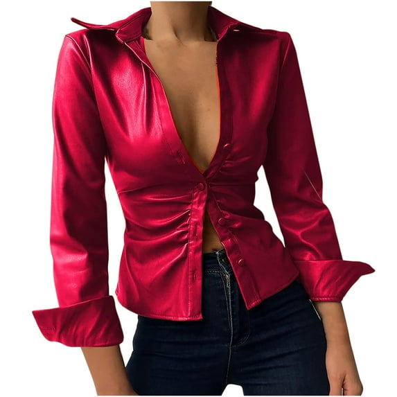 Odeerbi Rollback Shirts for Women Tops Blouses Classic Solid Color Blouse Slim Buttons Lapel Long Sleeve Tunic Wine