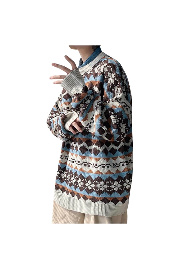 Round Neck Sweater for Men 2025 Casual Pullover Loose Knitted Round Neck Diamond Lattice Sweater Blue