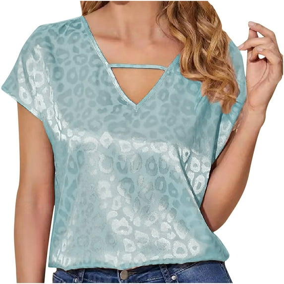 Odeerbi Satin Blouses for Women Summer Short Sleeve Tops V-Neck Casual Tee Red