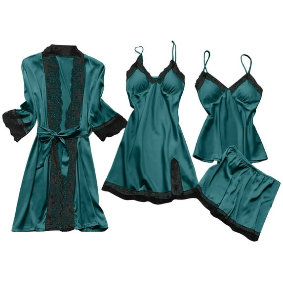 Odeerbi Satin Pajama Sets for Women 5 PCS Soft Sleepwear Floral Loungewear Cute Nightgown with Kimono Robe Cami Shorts Set Lingerie Silk Lace Robe Dress Nightdress Set Green