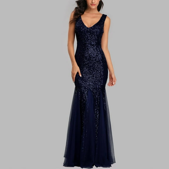 Odeerbi Sequin Bodycon Prom Dress for Women Cocktail Slip Dresses Evening Party 2025 Fashion Slim Fishtail Dress Navy