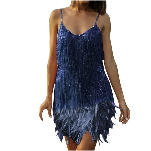 Odeerbi Sequin Slip Dress for Women 2025 Fashion Suspender Crewneck Feather Dress Sleeveless Solid Mini Dress Party Dresses Dark Blue