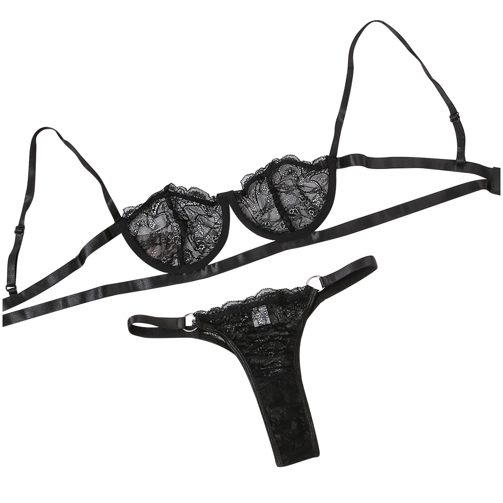Odeerbi Sexy Lace Lingerie for Women 2024 Solid Bra Panties Split Suit  Underwear Sleepwear Black 