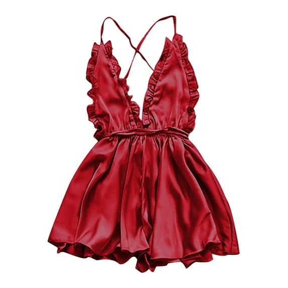 Odeerbi Sexy Lace Lingerie for Women 2025 V-Neck Sling Ruffle Stain Camisole Pajamas Nightdress Burgundy