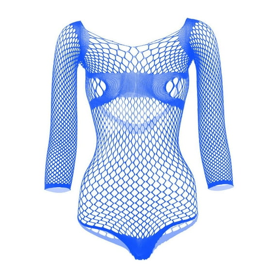 Odeerbi Sexy Lingerie Bodysuit for Men Mesh Deep V-neck Mesh 2024 Long Sleeve Net Socks Dance Top Blue