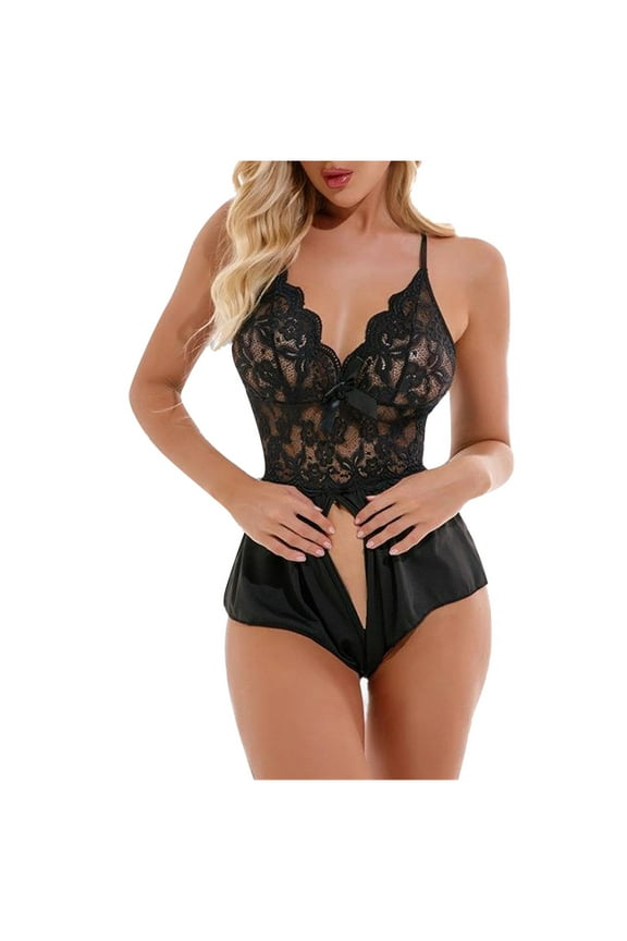 Sexy Lingerie Bodysuit for Women 2025 Lace Bowknot Temptation Babydoll Underwear Sleepwear Jumpsuit Pajamas Black