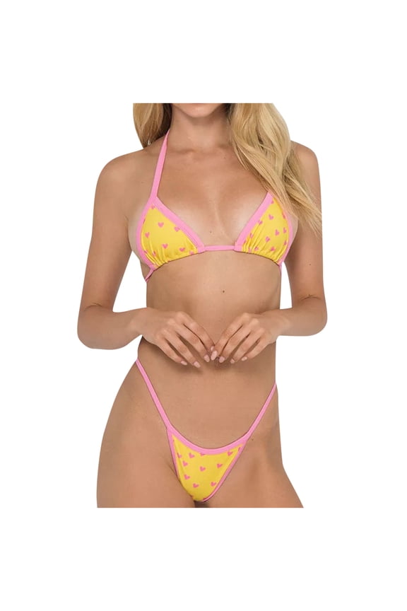 Sexy Two Piece G-Strings Bikini Set for Women High Cut Swimsuit Halter Triangle Beachwear Bathing Suit Fashion Casual High Waist Slim Soft Binding Swimwear Sets Pink