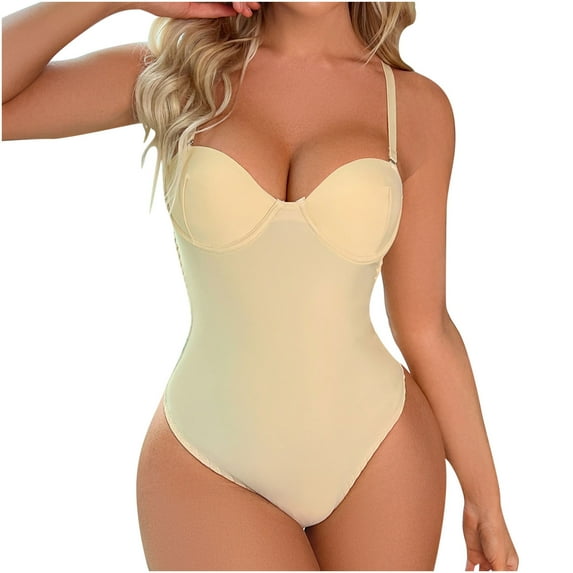 Odeerbi Shapewear for Women 2025 Tummy Control Bodysuit Solid Push-Up Lingerie Stretch Removable Sling Body Shaper Bodysuit Beige