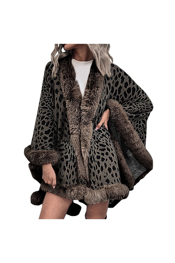 Shawl Wraps for Women 2025 Fall Winter Poncho Open Front Cape Cardigan Trendy Leopard Hairball Cloak Tops Beige