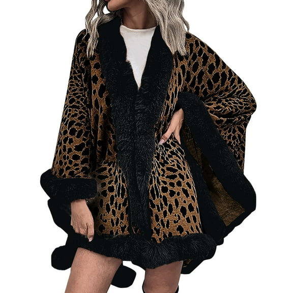 Odeerbi Shawl Wraps for Women 2025 Fall Winter Poncho Open Front Cape Cardigan Trendy Leopard Hairball Cloak Tops Beige