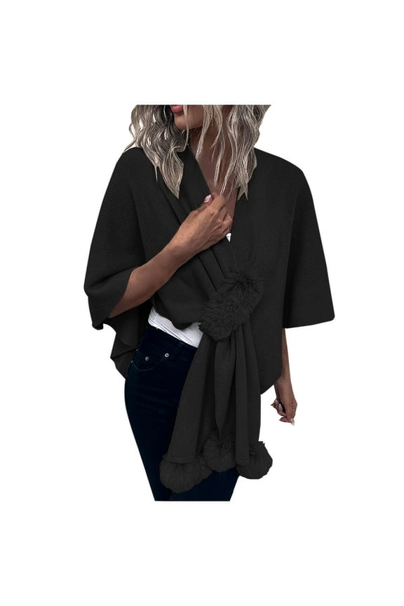 Shawl Wraps for Women 2025 Fall Winter Poncho Open Front Cape Cardigan Trendy Solid Blouses Hairball Cloak Tops Black