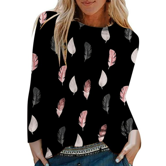 Odeerbi Shirts for Women 2024 Casual Round Neck Long Sleeve Printed Loose Shirt Blouse Tops Purple