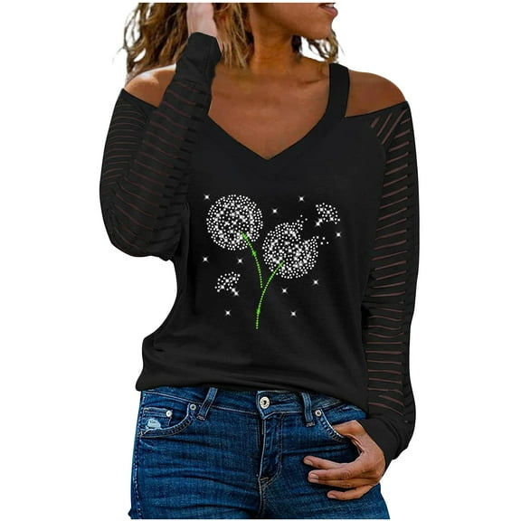 Odeerbi Shirts for Women 2025 Fashion V-Neck Long Sleeve T-Shirt Autumn Hot Drill Cold Shoulder Loose Blouse Tops Black