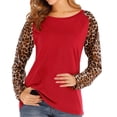 thumbnail image 1 of Odeerbi Shirts for Women Fashion 2025 Casual Solid Long Sleeve Round Neck Leopard Patchwork Blouse Tops Red, 1 of 4