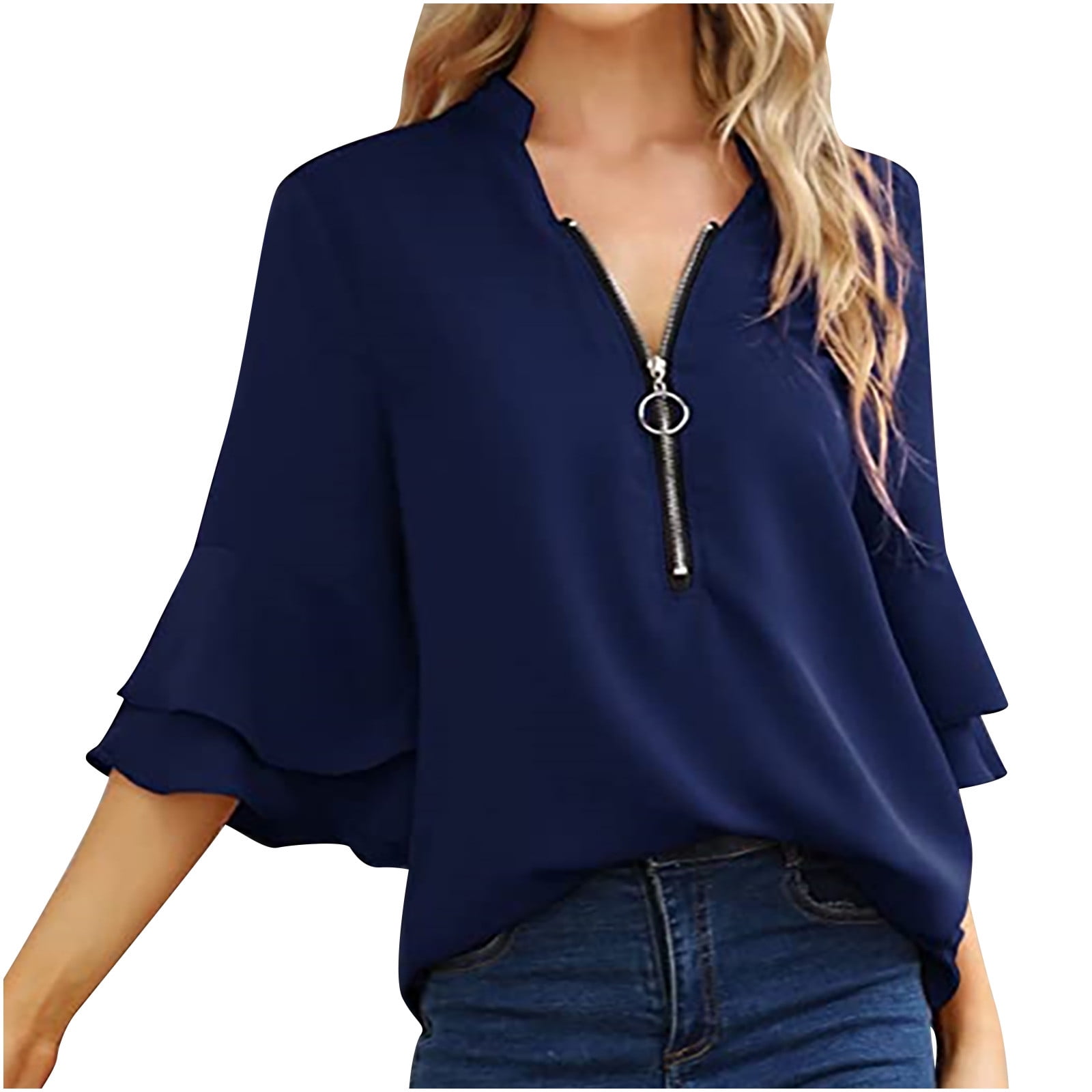 Odeerbi Shirts for Women Oversized T-Shirts Half Sleeves Fashion 2024  Casual V-Neck Zip Flare Sleeve Solid Color Top Shirt Blouse Black 