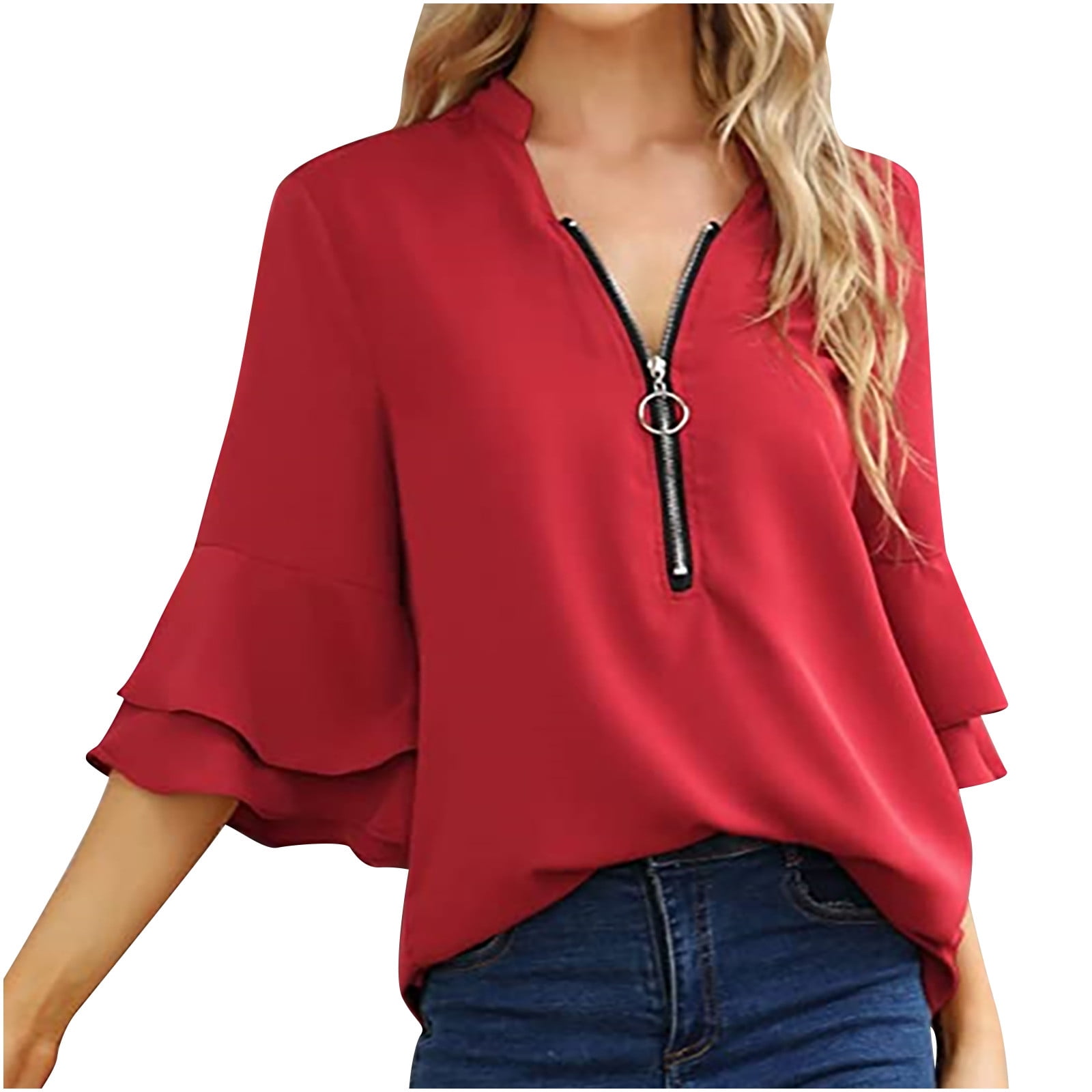 Odeerbi Shirts for Women Oversized T-Shirts Half Sleeves Fashion Casual  V-Neck Zip Flare Sleeve Solid Color Top Shirt Blouse Red