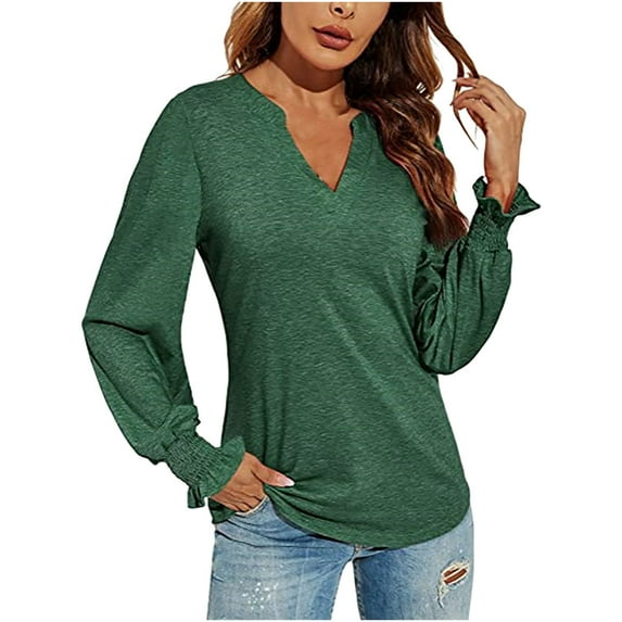 Odeerbi Shirts for Women Oversized T-Shirts Long Sleeves Spring Autumn V-Neck Solid Color Casual Loose Top Army Green