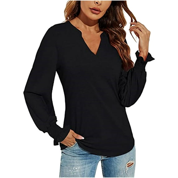 Odeerbi Shirts for Women Oversized T-Shirts Long Sleeves Spring Autumn V-Neck Solid Color Casual Loose Top Black