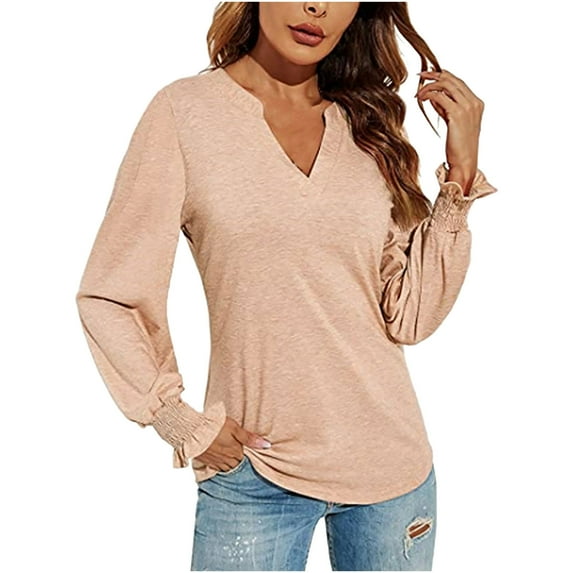 Odeerbi Shirts for Women Oversized T-Shirts Long Sleeves Spring Autumn V-Neck Solid Color Casual Loose Top Khaki