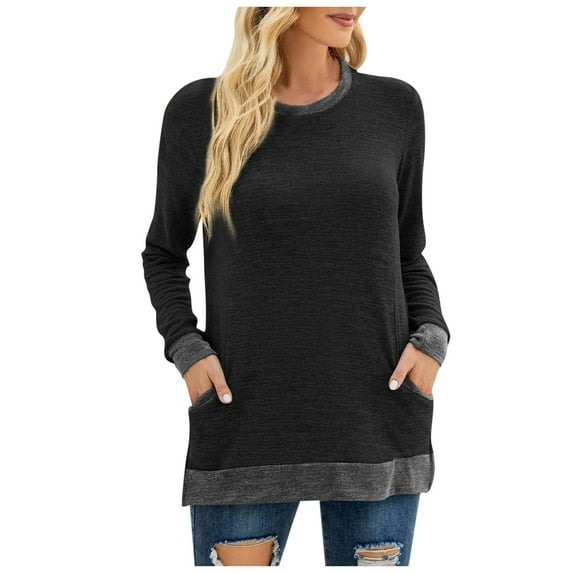 Odeerbi Shirts for Women Round Neck Color Matching Pocket Recreational Long Sleeve Tops Black