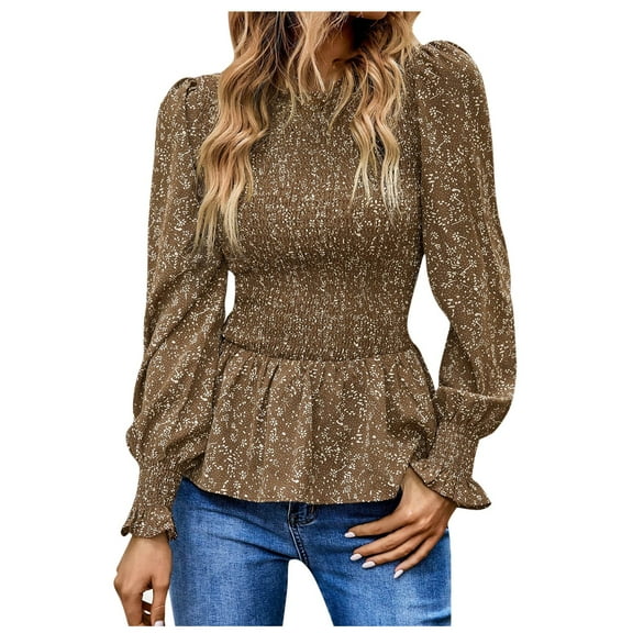 Odeerbi Shirts for Women Round Neck Floral Print Elastic Waist Pleated Bell Sleeves Lace Lap 2025 Long Sleeve Tops Coffee