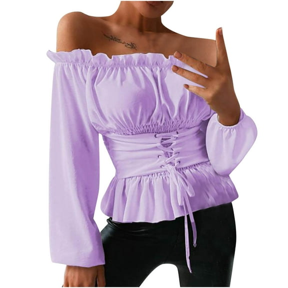 Odeerbi Shirts for Women Tops Blouses 2025 Long Sleeve Off-Shoulder Ruffled Elastic Tie Tunic Purple