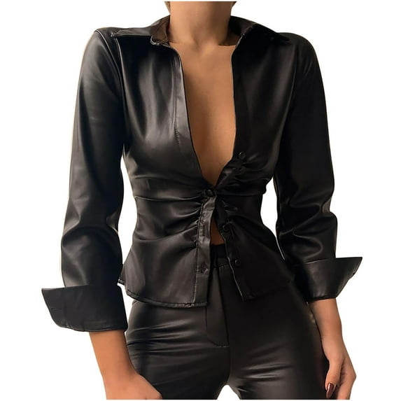 Odeerbi Shirts for Women Tops Blouses Classic Solid Color Blouse Slim Buttons Lapel 2025 Long Sleeve Tunic Black