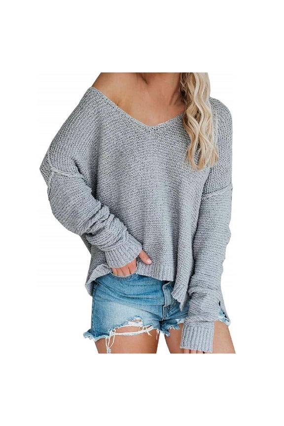 Off The Shoulder Knit Sweaters For Women Winter Loose V Neck Sweater Tops Fashion Long Sleeve Comfortable Large Pullover Sweater Top Gray