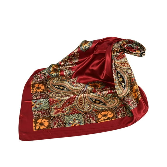 Odeerbi Silk Head Scarf for Women 2025 35In Imitation Big Square Scarf Big Flower Turban Shawl Red