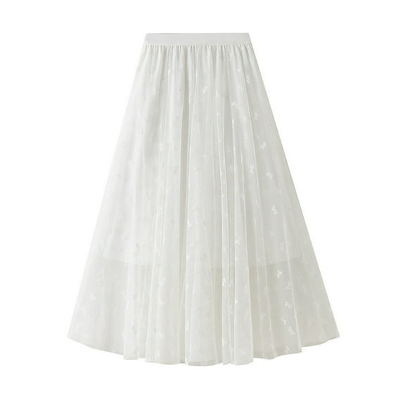 Odeerbi Skirts for Women 2025 Fashion Long Vintage Tulle Tutu Skirt Butterfly Flocking High Waist Mesh Pleated A-Line Swing Skirt White