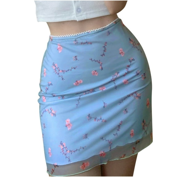 Odeerbi Skirts for Women Mini Skirt New Fashion 2025 Casual Printed Mesh Skirt High Waist Double Layer Slim Pack Hip Blue