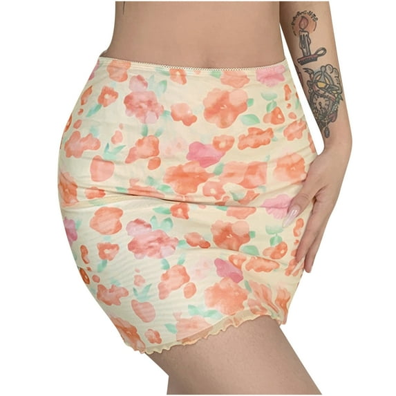 Odeerbi Skirts for Women Mini Skirt New Fashion 2025 Casual Printed Mesh Skirt High Waist Double Layer Slim Pack Hip Yellow