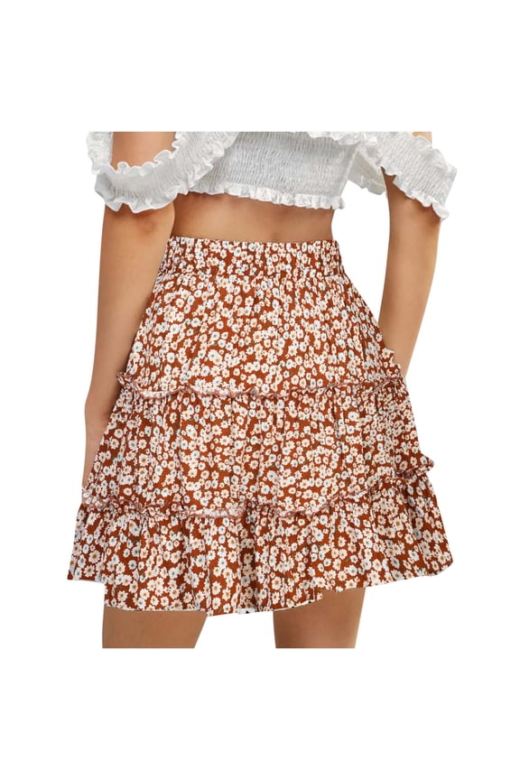 Skirts for Women Short Skirt Casual Vintage High Waist Floral Print Beach Ruffled Red
