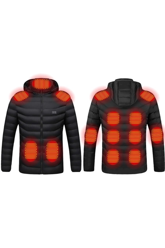Smart Dual Control Heated Hooded Jacket with 3 Heating Zones for Men Women Winter Heated Padded Coat Unisex Casual Zipper USB Charging Heating Jackets Black without Power Bank
