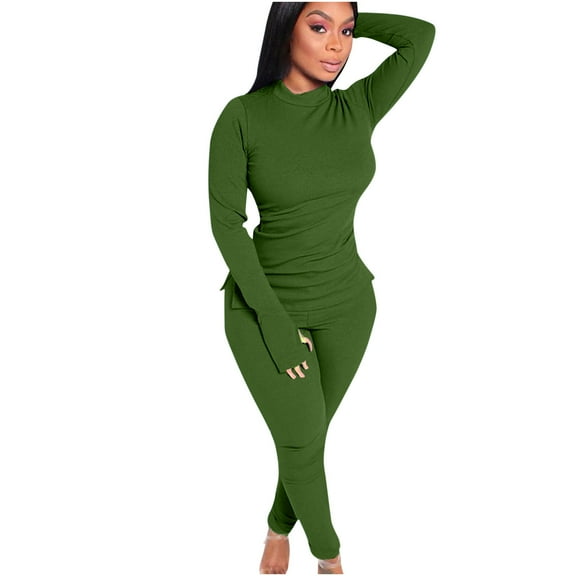 Odeerbi Solid Color 2 Piece Sets for Women 2025 Long Sleeve Trousers Round Neck Solid Color Fashion Fallow Commuting Set Olive Green