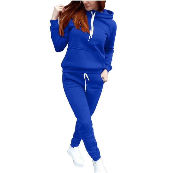 Odeerbi Solid Color 2 Piece Sets for Women 2025 Casual Solid Hooded Drawstring Loose Long Sleeve Sweatshirt Tops And Long Pants Set Suits Dark Blue