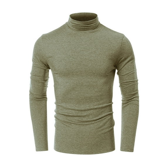 Odeerbi Solid Color Base Layer for Men Fall/winter Turtleneck Neck Solid Color Long Sleeves Bottoming Shirt Khaki