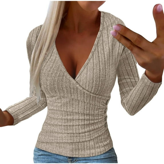 Odeerbi Solid Color Base Layer for Women 2025 Sexy Deep V-neck Long Sleeve Casual Blouse Shirt Tops Undershirt Beige