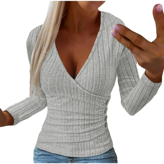 Odeerbi Solid Color Base Layer for Women 2025 Sexy Deep V-neck Long Sleeve Casual Blouse Shirt Tops Undershirt Gray