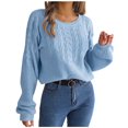 thumbnail image 1 of Odeerbi Solid Color Cable Knit Sweater For Women Winter Puff Sleeve Pullover Sweater 2025 Fashion Long Sleeves Round Neck Loose Sweater Tops Blouse Blue, 1 of 4