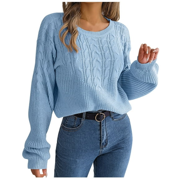 Odeerbi Solid Color Cable Knit Sweater For Women Winter Puff Sleeve Pullover Sweater 2025 Fashion Long Sleeves Round Neck Loose Sweater Tops Blouse Blue